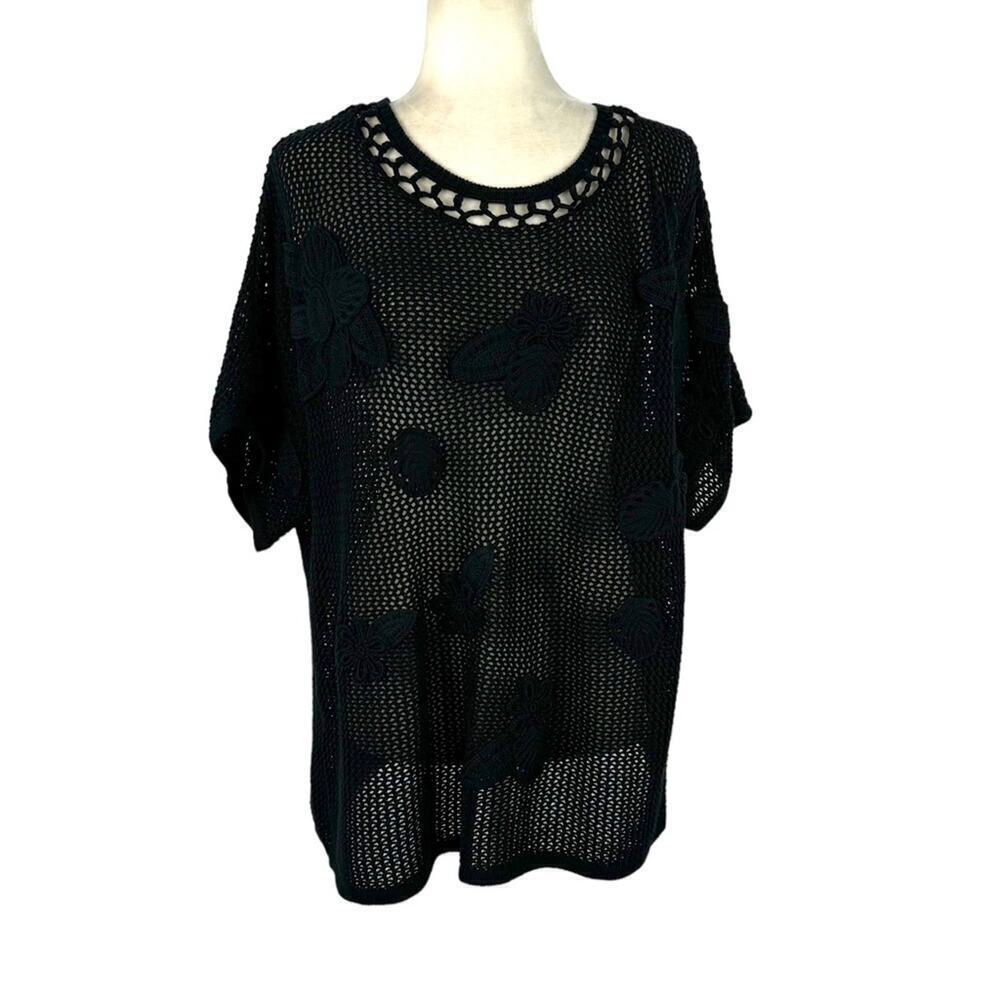 New Chico's Black Floral Crochet Applique Open Knit Short Sleeve Sweater Size XL